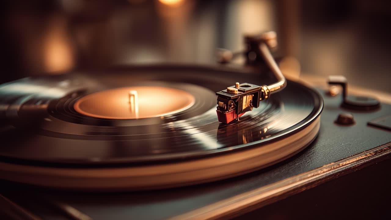 Vintage turntable playing a vinyl record in warm light