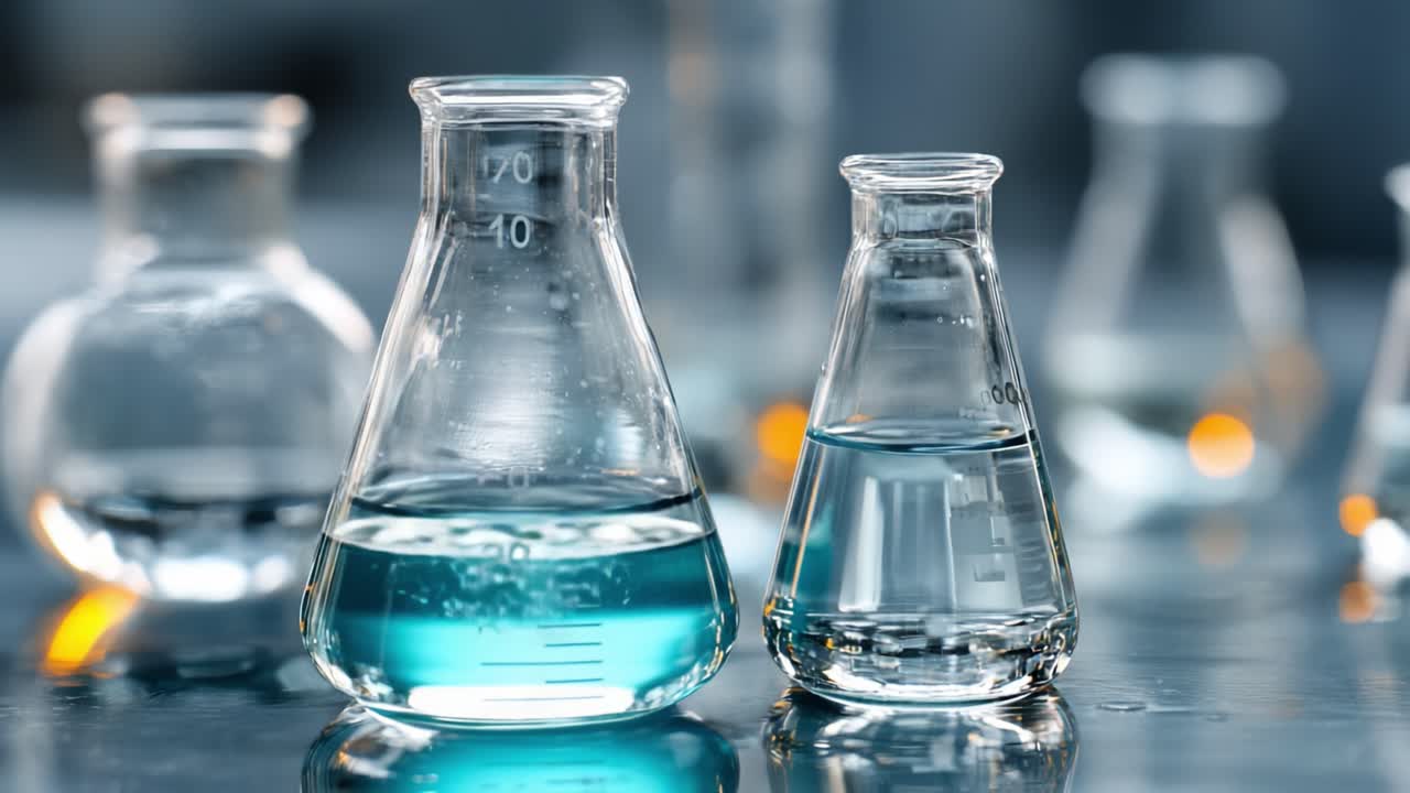 Un'esplorazione ravvicinata di vetreria da laboratorio riempita con fluidi colorati, che mostra due distinti tipi di beute e i loro liquidi unici in un ambiente scientifico.