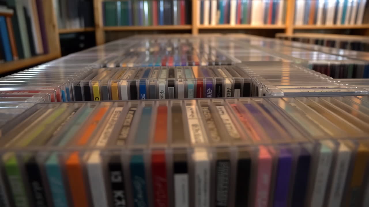 Extensive CD collection stored in cases with bookshelves in the background