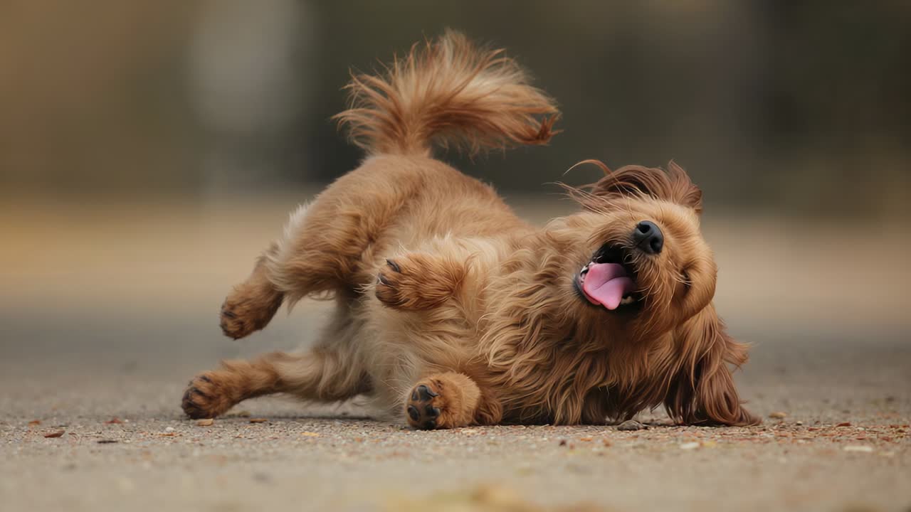 Cane marrone a pelo lungo di piccola taglia che si rotola e strofina la faccia sul sentiero annusando l’odore del terreno, con la coda che scodinzola