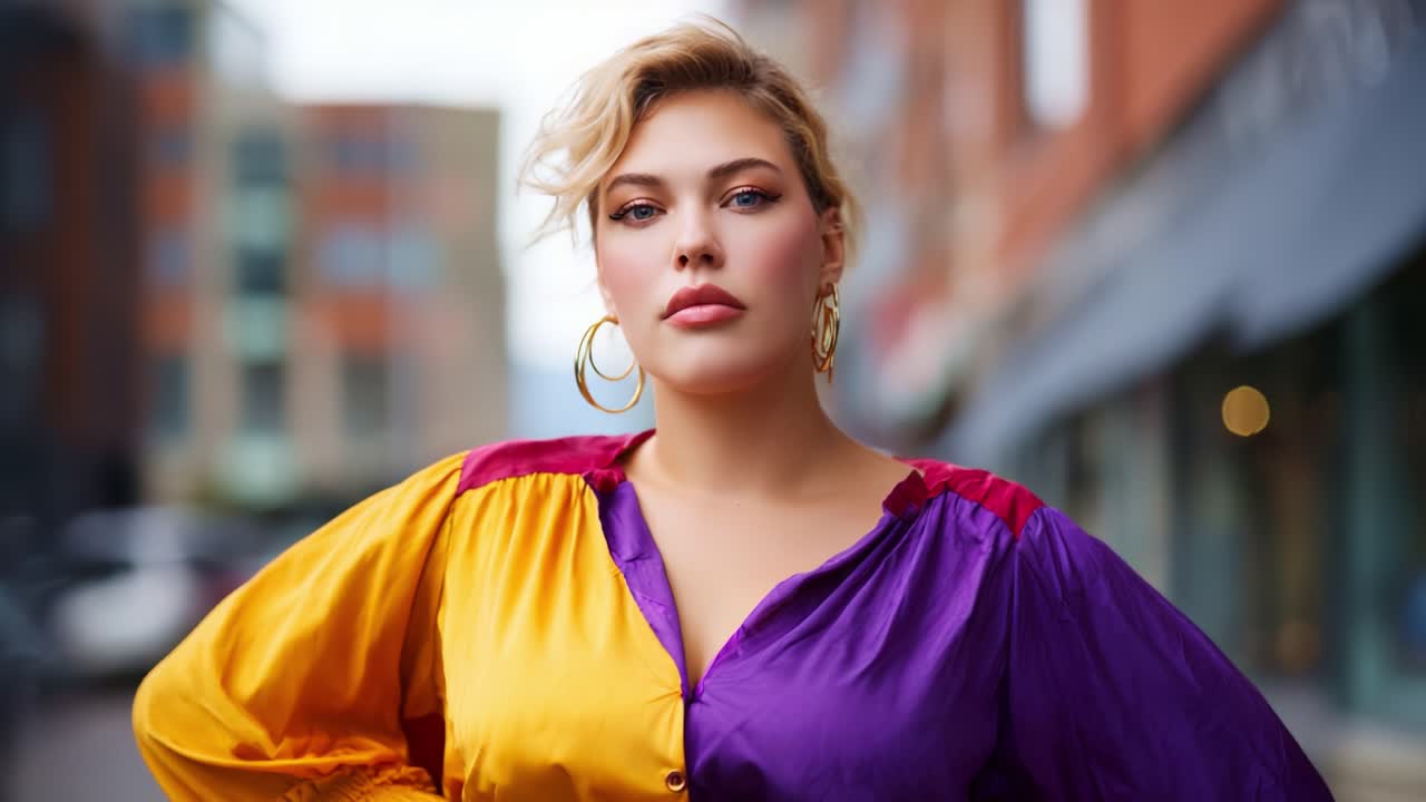 Mujer segura de sí misma con un atuendo colorido y vibrante posa en exteriores, destacando la moda contemporánea y el estilo de vida urbano en un entorno elegante de la ciudad
