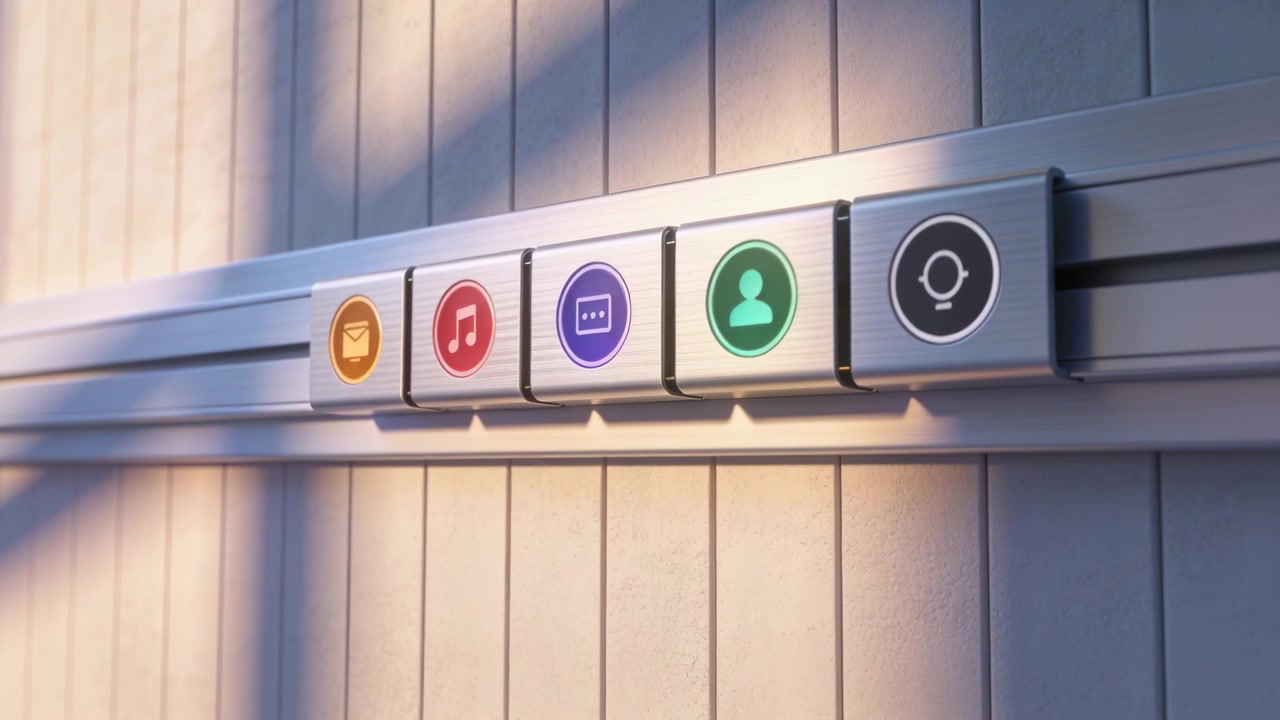 Glowing metallic rail showing five colored module icons on wooden wall, sunlight moving from window