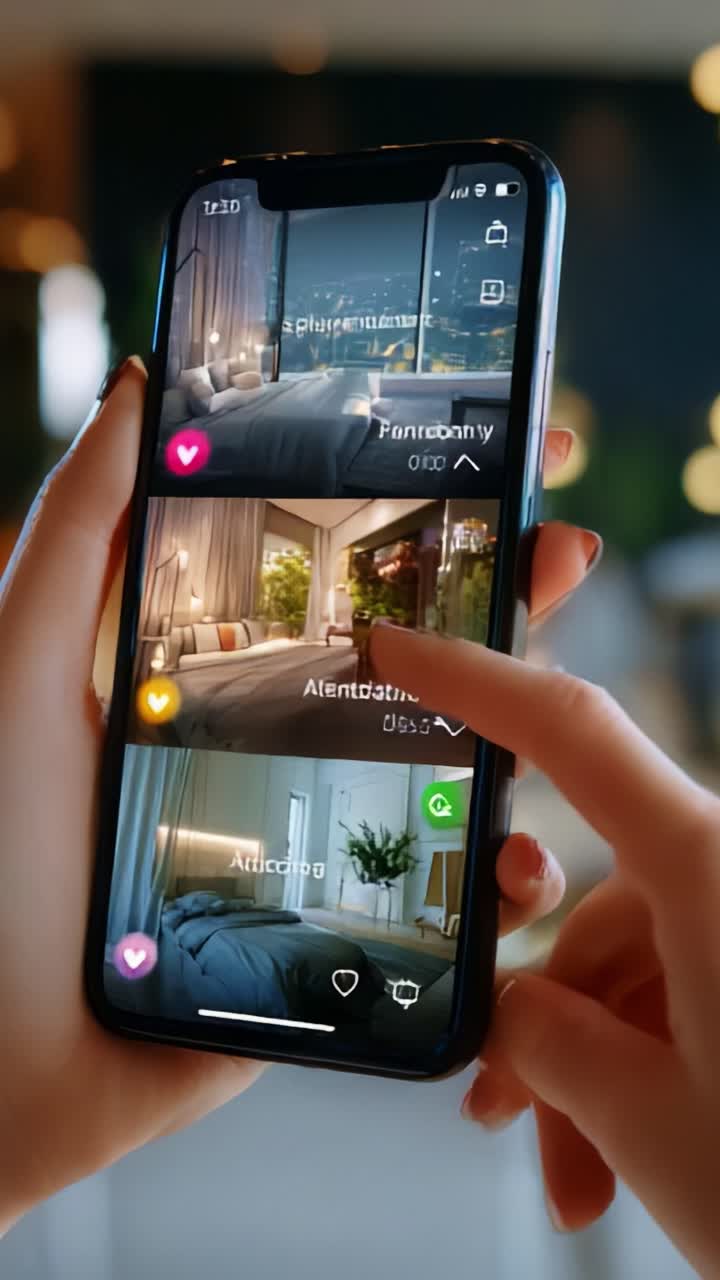 Exploring Interior Design Inspiration Through a Mobile App: A User Navigates Various Room Styles and Decor Ideas by Interacting with a Visually Engaging Interface Featuring Elegant Spaces