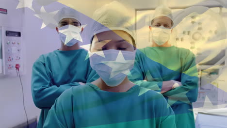animación de ondear la bandera de bosnia y herzegovina sobre un equipo de diversos cirujanos de pie en el hospital