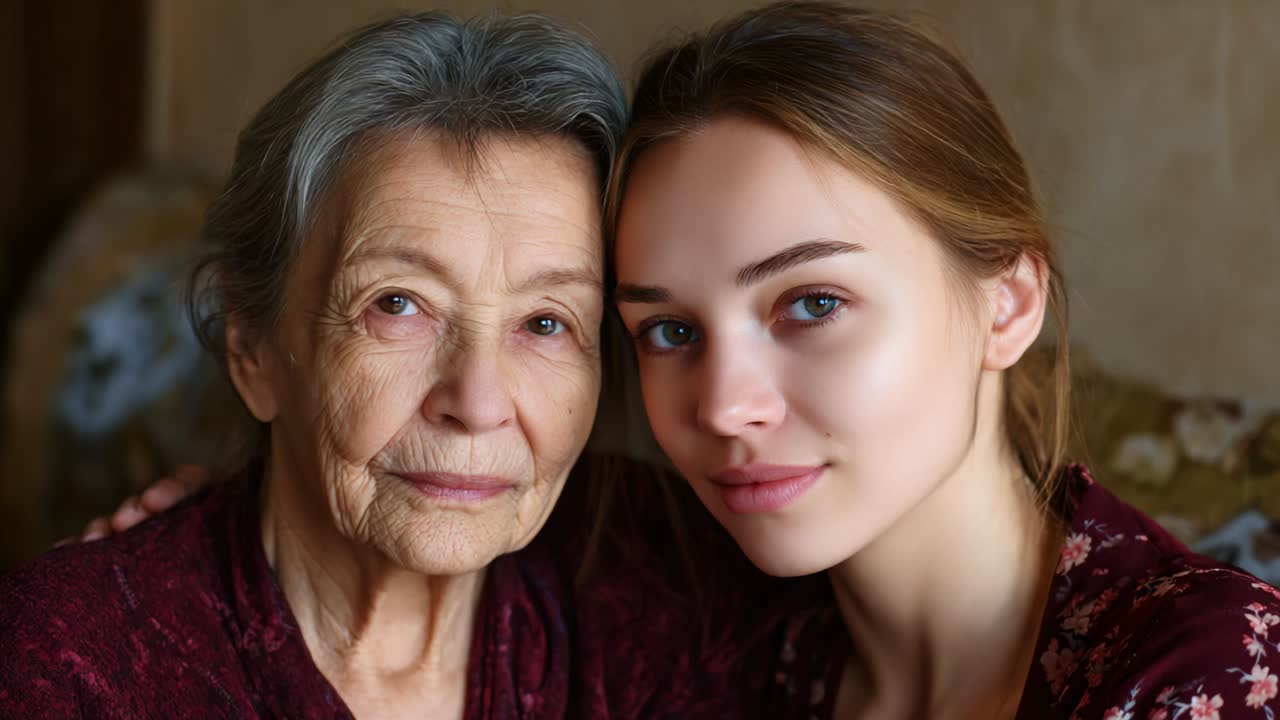 A Heartwarming Connection: Capturing the Bond Between Generations in a Thoughtful Portrait of an Elderly Woman and a Young Woman Sharing a Moment of Togetherness and Affection