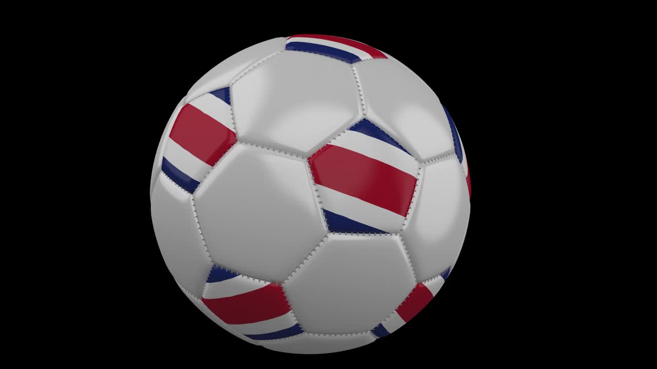 Pallone da calcio con la bandiera della Costa Rica vola davanti alla telecamera, slow motion, canale alfa