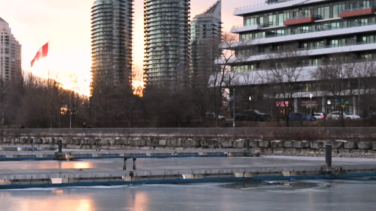 A tranquil sunset at Toronto’s waterfront near Mimico and Lake Shore. High-rise buildings glow in the golden light as ducks swim peacefully in the calm water, creating a serene urban scene.