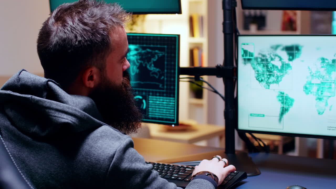 Male hacker trying to steal secret information