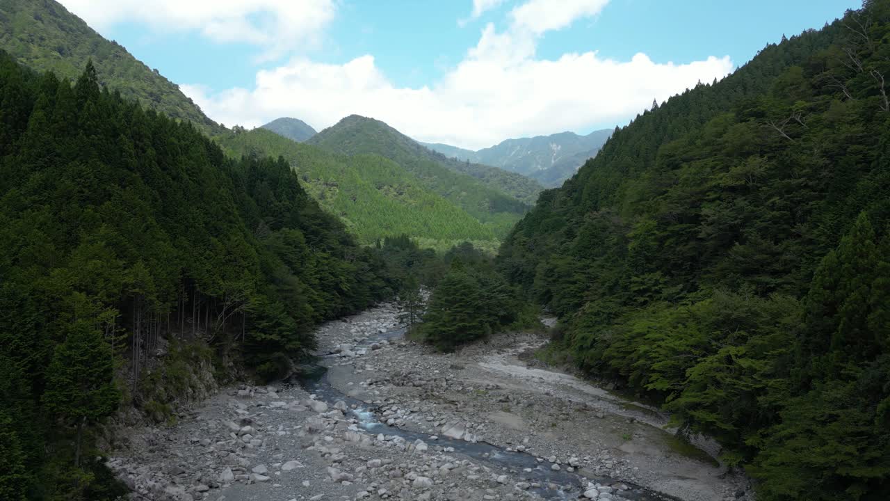 Beautiful aerial drone flight over Yushin Valley in Kanagawa in summer