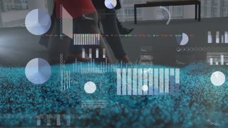 Animation of financial data processing over business people walking