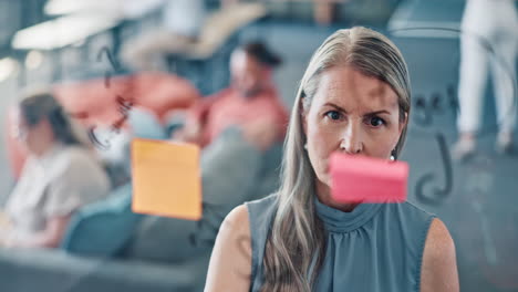 sticky note, glass and business woman planning