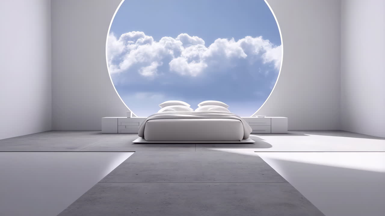 Minimalist Bedroom with Circular Window and Sky View