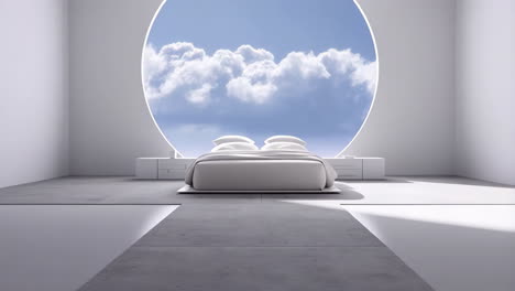 minimalist bedroom with circular window and sky view