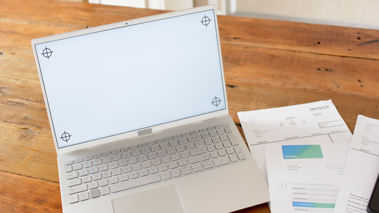 Paperworks and laptop with copy space on table in sunny room at home, slow motion