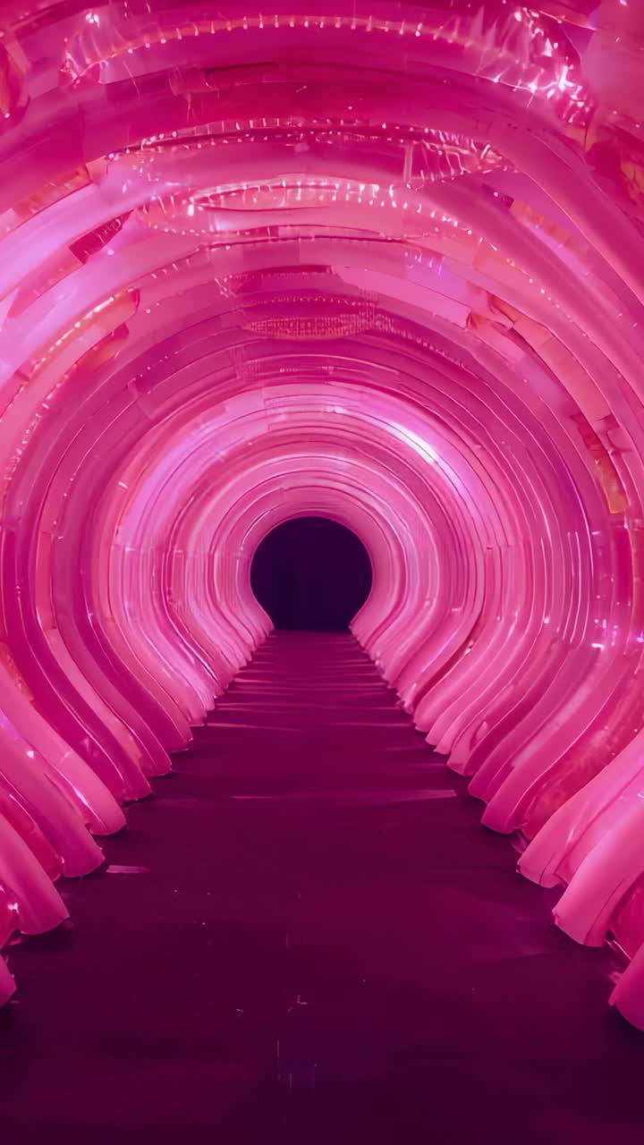 Vídeo vertical: arcos de túnel pulsantes com iluminação LED atraindo o olhar para o caminho de carpete em direção a uma abertura escura