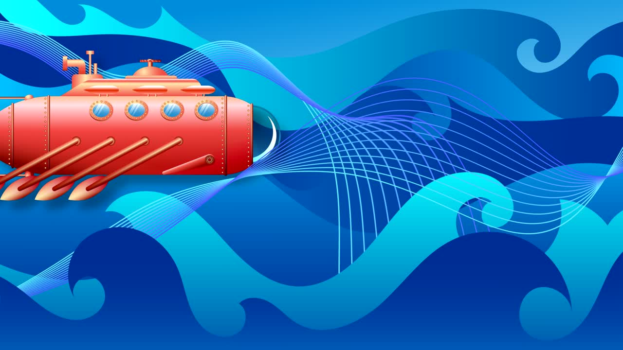 A submarine with oars floats in blue waves horizontally
