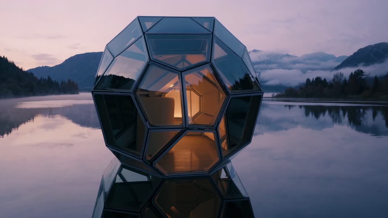 Futuristic glass geodesic dome floating on a calm lake at dawn, reflecting in the water, with mountains and mist in the background, creating a serene and otherworldly atmosphere