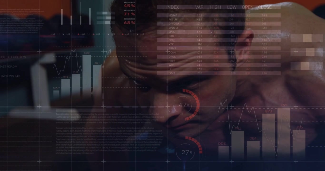 Analyst placing palms on tabletop, activating holo charts, map, numeric panels, studying analytics