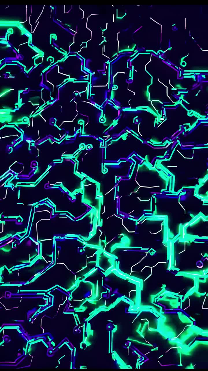 Dynamic neon circuit patterns evolving in a vibrant digital landscape with glowing connections