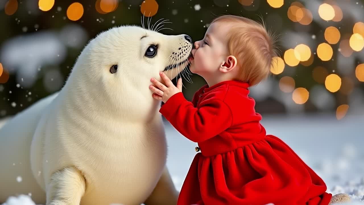 A baby in a red dress kissing a seal in the snow