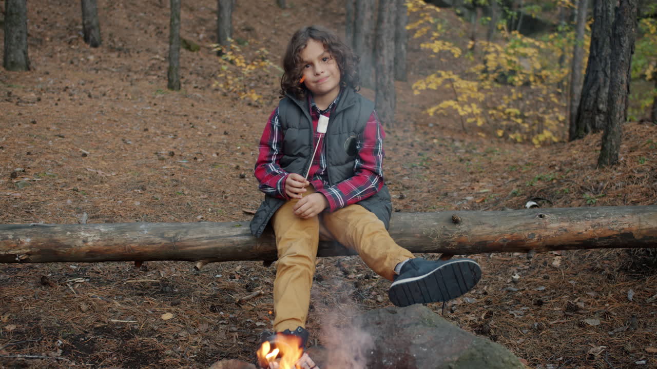 Boy Roasting Marshmallows by Campfire in Autumn Forest