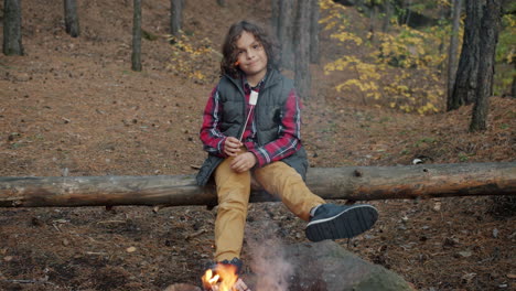 boy roasting marshmallows by campfire in autumn forest