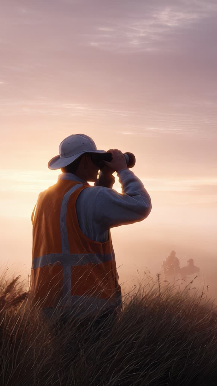 La silhouette di un operaio con indumenti protettivi che osserva un'alba mozzafiato con un binocolo, mettendo in risalto un momento di osservazione e connessione con la natura