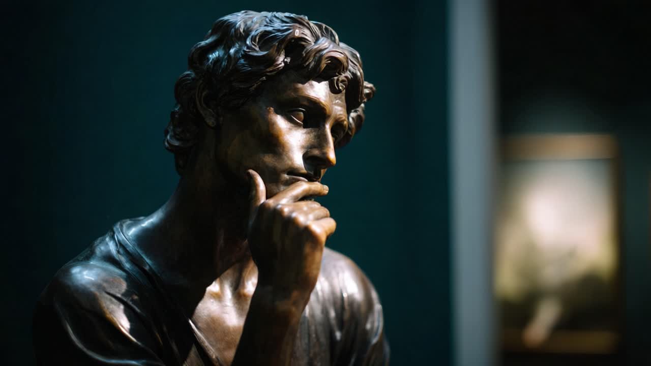 Thoughtful bronze sculpture of a young man deep in contemplation with an artistic backdrop, showcasing intricate details and expressive features in a gallery setting