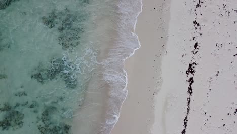 Drone-Aéreo-Mirando-Hacia-Abajo-Sobre-El-Cristalino-Mar-Caribeño-Tropical-Estrellándose-En-Una-Playa-De-Arena-Blanca-En-El-Lado-Este-De-La-Isla-De-Cozumel,-México