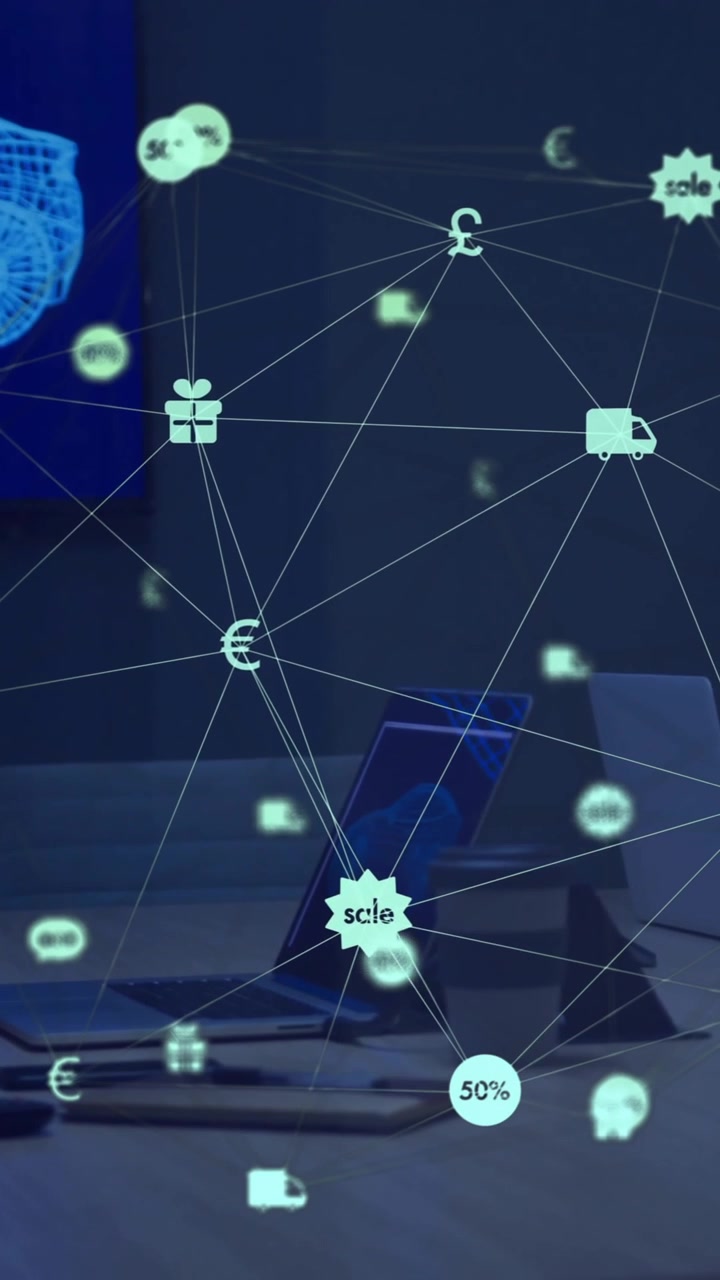 Animation of network of connections with icons over diverse colleagues discussing work in office