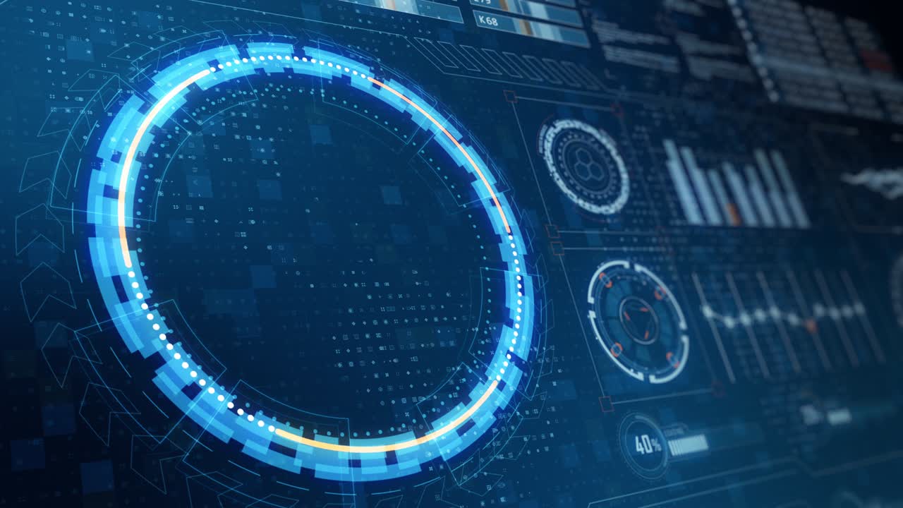 Motion graphic of head up display ( HUD UI ) technology interface screen with futuristic 3D elements graph and chat panel