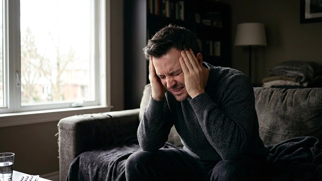 Hombre sujetándose la frente con dolor de cabeza mientras está sentado cerca de una ventana en vista médica