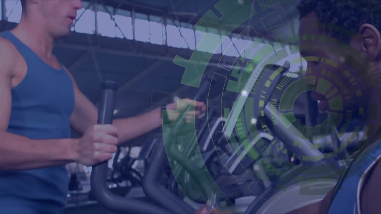 체육관 에서 운동 하는 다양한 스포츠 선수 들 을 스캐닝 하는 스 ⁇  의 애니메이션