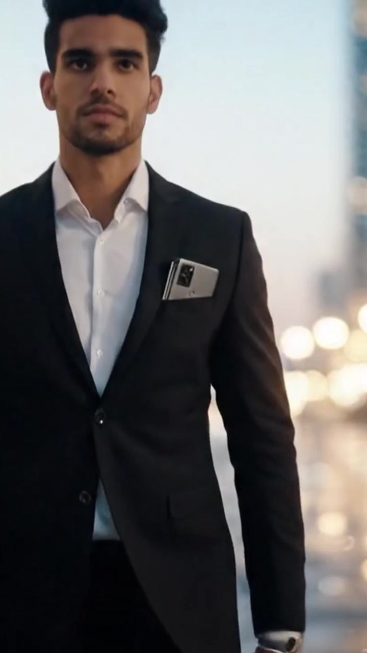 Um Empresário Elegante de Pé com Confiança, com um Smartphone no Bolso Perto do Portão DIFC, Representando o Profissionalismo Moderno e o Estilo de Vida Urbano