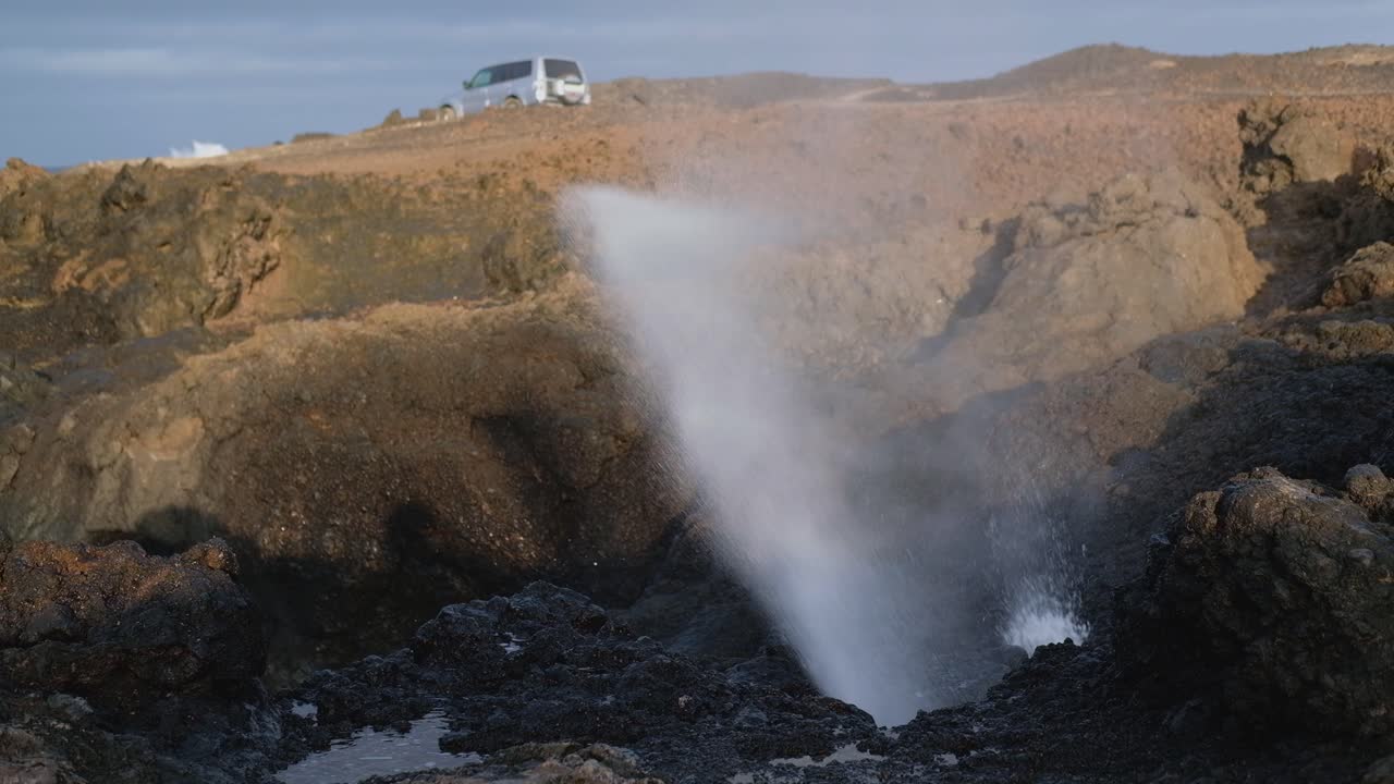 Ocean Waves Amidst The Rocky Landscape At The Coastline Of Lanzarote Island, Spain. static shot