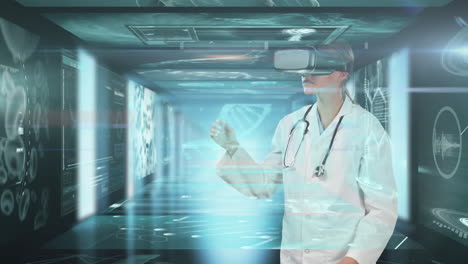 animation of female doctor using reality headset and scientist screens