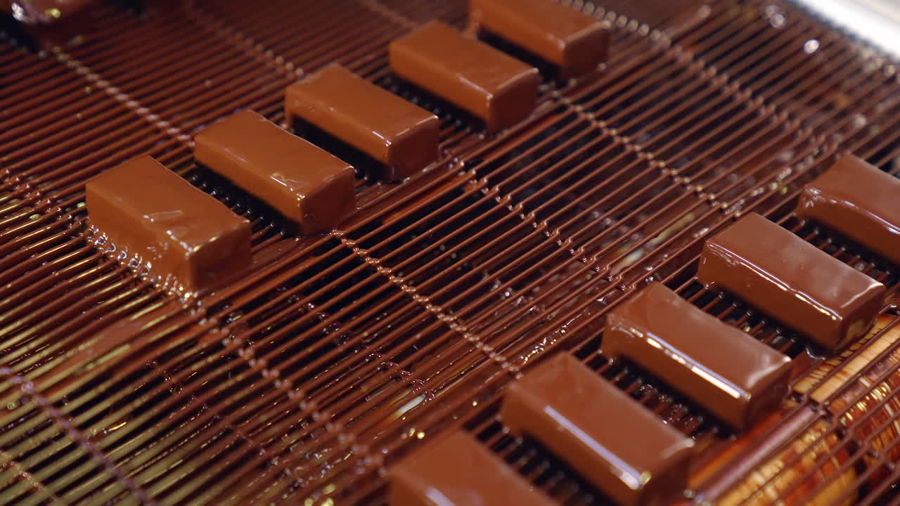 Delicious sweets freshly-covered with black chocolate glazing. Grid conveyor full of chocolate candies. Assembly line close up.