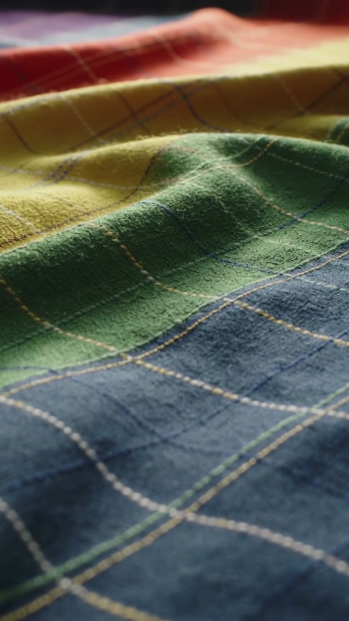 Vertical video: Shifting window light revealing navy check fabric on bed, stitched grid and folds