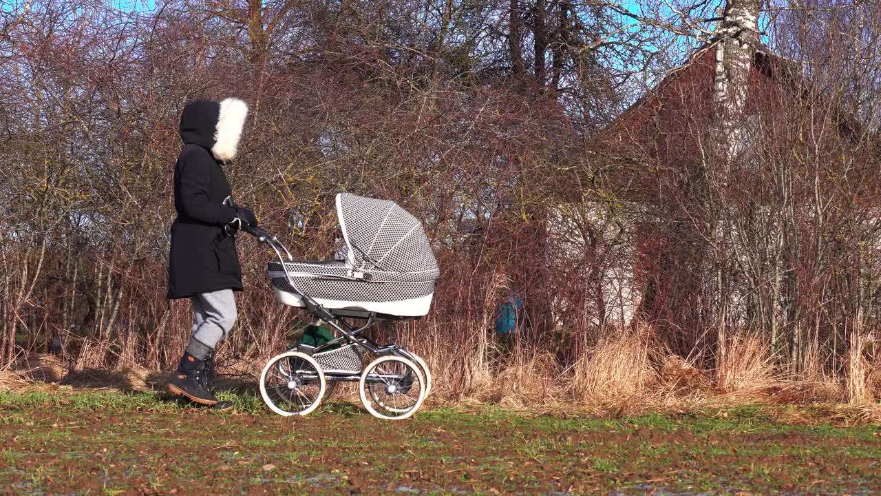 Static shot of woman walk with baby carriage near countryside cottage