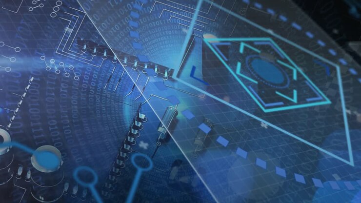 Animation of data processing with scope scanning over computer circuit board on black background