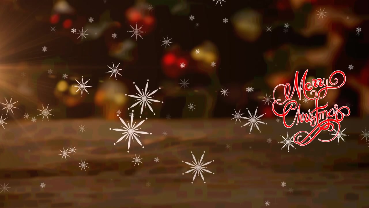 Animazione di Buon Natale e fiocchi di neve che cadono su un albero di Natale sfocato
