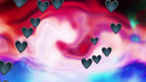 animación de corazones negros que se mueven sobre un fondo multicolor