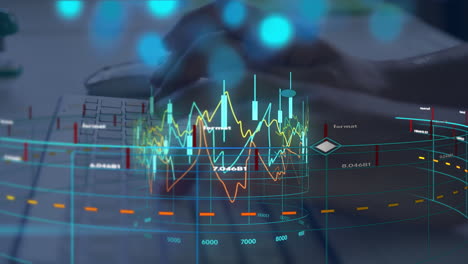 animation of financial data processing over biracial woman using computer