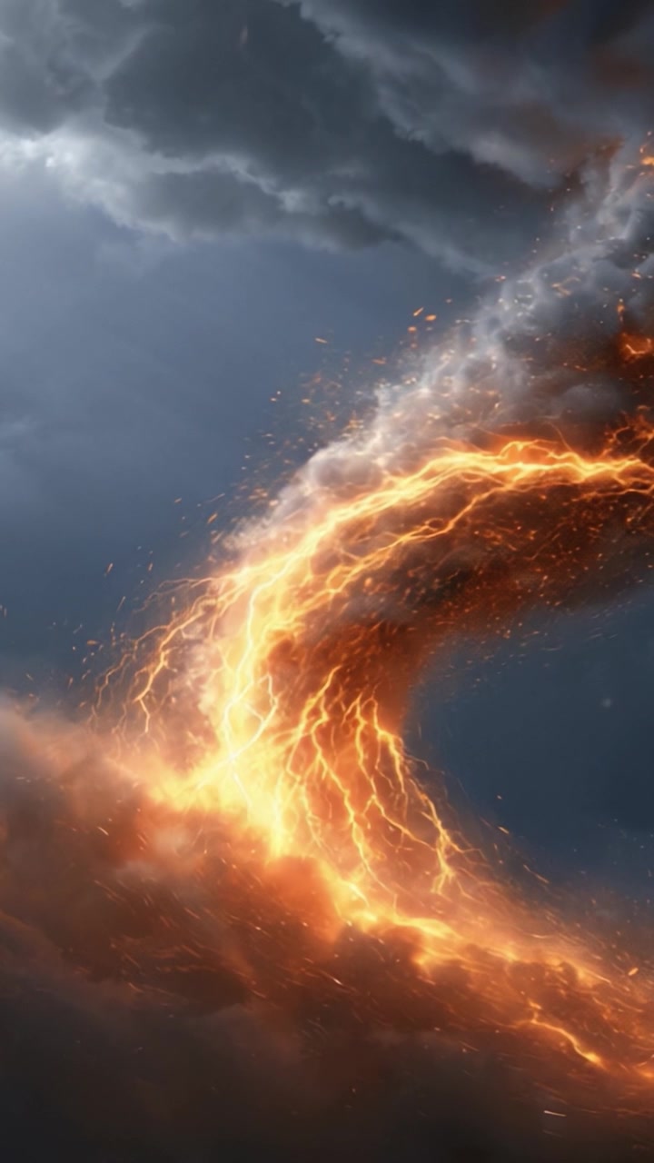 Una Exhibición Dramática de Fuerzas Elementales: Cautivadora Transformación Cuadro por Cuadro de Zarcillos Ardientes que Surgen de Nubes con Energía Eléctrica y Ambiente