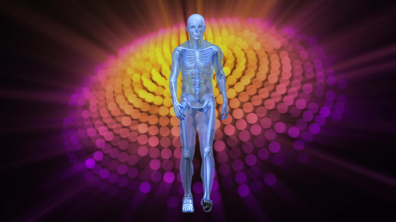 анимация ходящего человека над цветными светящимися точками