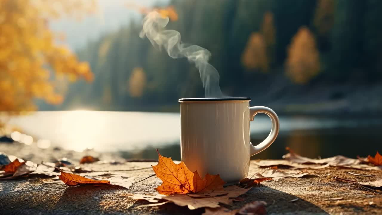 Warm autumn scene with a steaming mug on a stone ledge, surrounded by fallen leaves