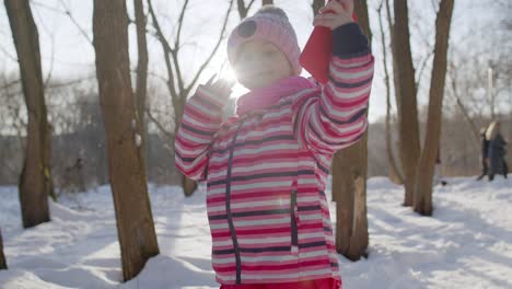 Kindermädchen-Vloggerin-Macht-Videoanrufe,-Chattet-Mit-Freunden,-Fernkommunikation-Im-Winterpark