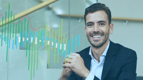 animation of multiple graphs over smiling caucasian man sitting on sofa at office