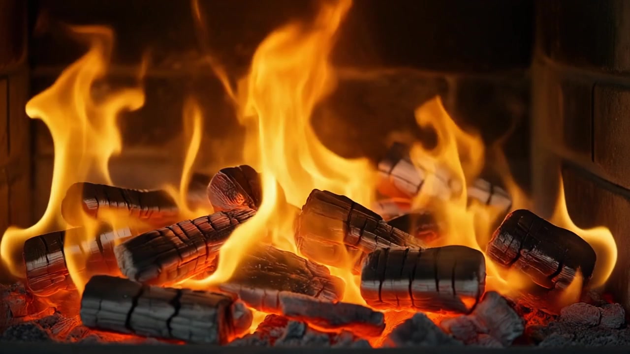 Fiamme arancioni vivaci che bruciano ceppi di legno in un camino di mattoni