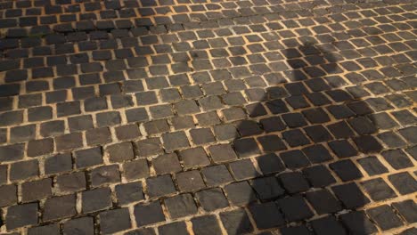 a man casting his own shadow while standing on a brick street pavement as other people pass by casting their own shadows as well